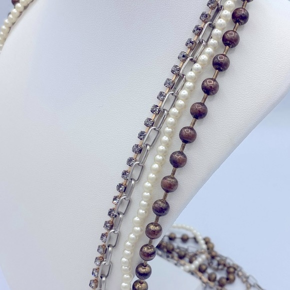 Chicos Multi Strand,Textured Long Pearl Bead Rhinestone Chain Bohemian Necklace - Picture 4 of 9